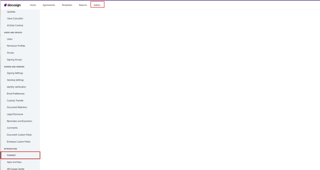 Accessing the 'Connect' Menu on DocuSign, to validate Connection to Salesforce.